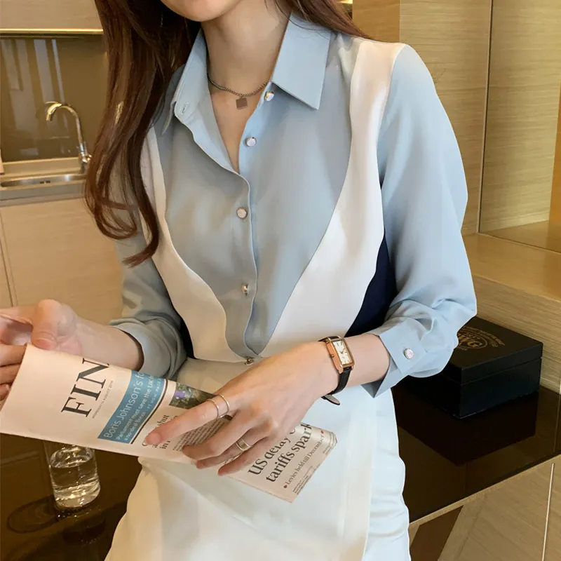 Damskie szczyty i bluzki Koreański styl Luźna bluzka Kobiety Koszule Polo Collar Z Długim Rękawem Patchwork Casual Odzież 210507