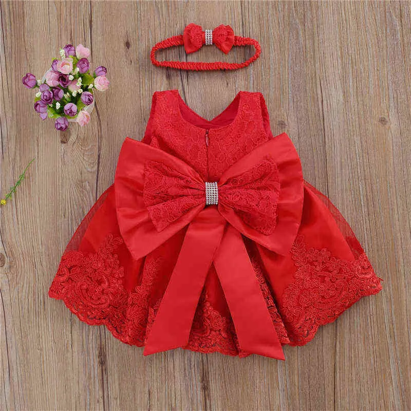 2021 pasgeboren baby prinses meisjes jurk hoofdband 6 kleuren mouwloze kant boog bloemen jurk bruiloft kinderkleding 0-24M G1129