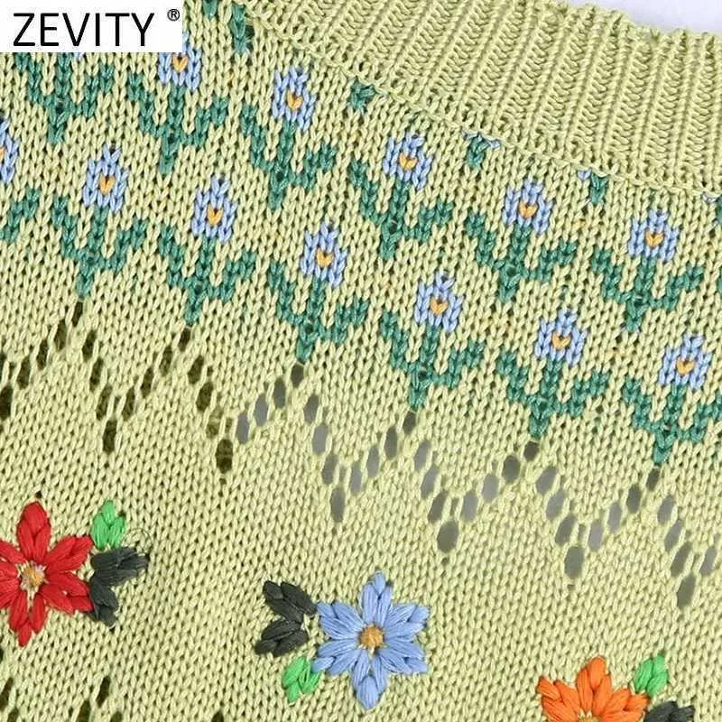 Zevity Women Fashion V Neck Floral Broderi Hollow Out Crochet Stickad Sweater Kvinna Chic Ärmlös Cardigan Vest Tops SW833 210603