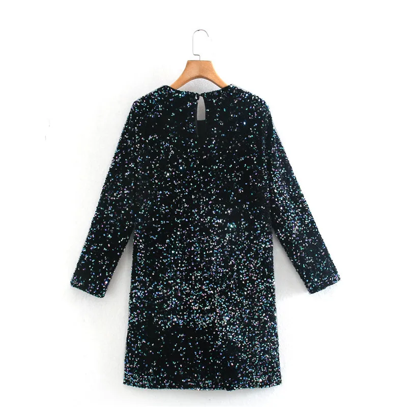 Svart Mini Sequin Party Dress Kvinnor Färgglada Glitter Långärmad Kvinna Sparkly Vintage Elegant ES 210519