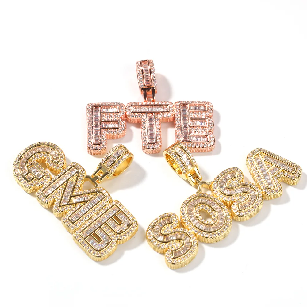 Hip Hop Custom Name Baguette Letter Pendant Necklace With Rope Chain Gold Silver Bling Zirconia Men Halsband smycken263k