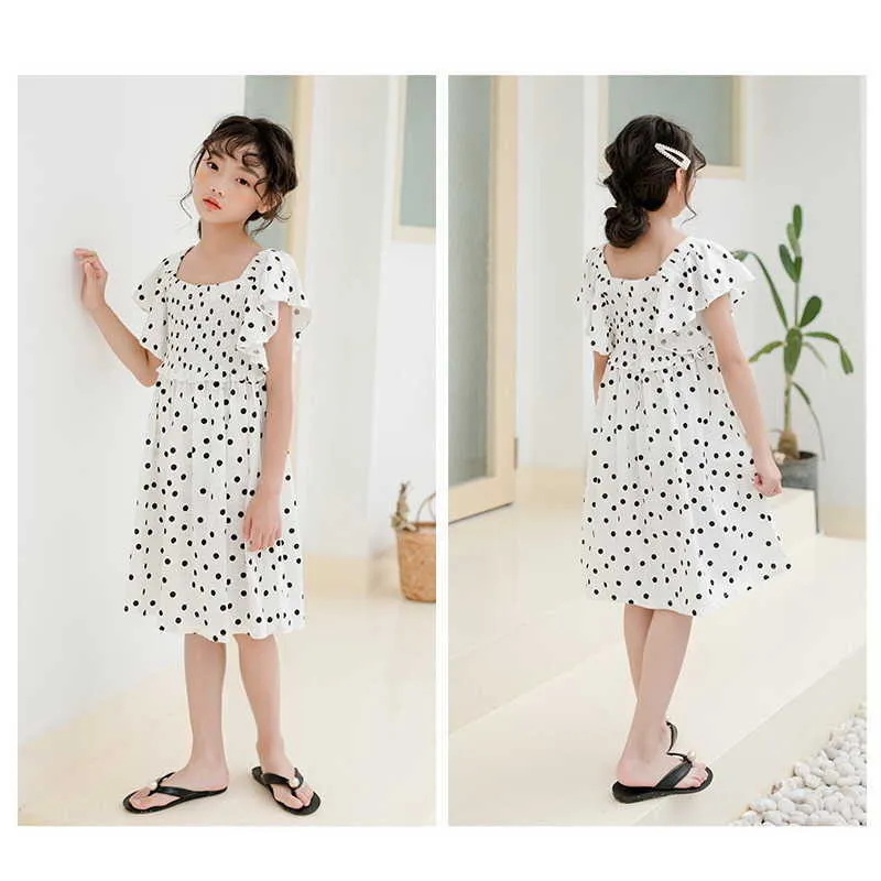 Wholesale Summer Teenagers Girl Dress Batwing Sleeves Dot Elastic Bust Cute Style Kids Clothes E32035 210610