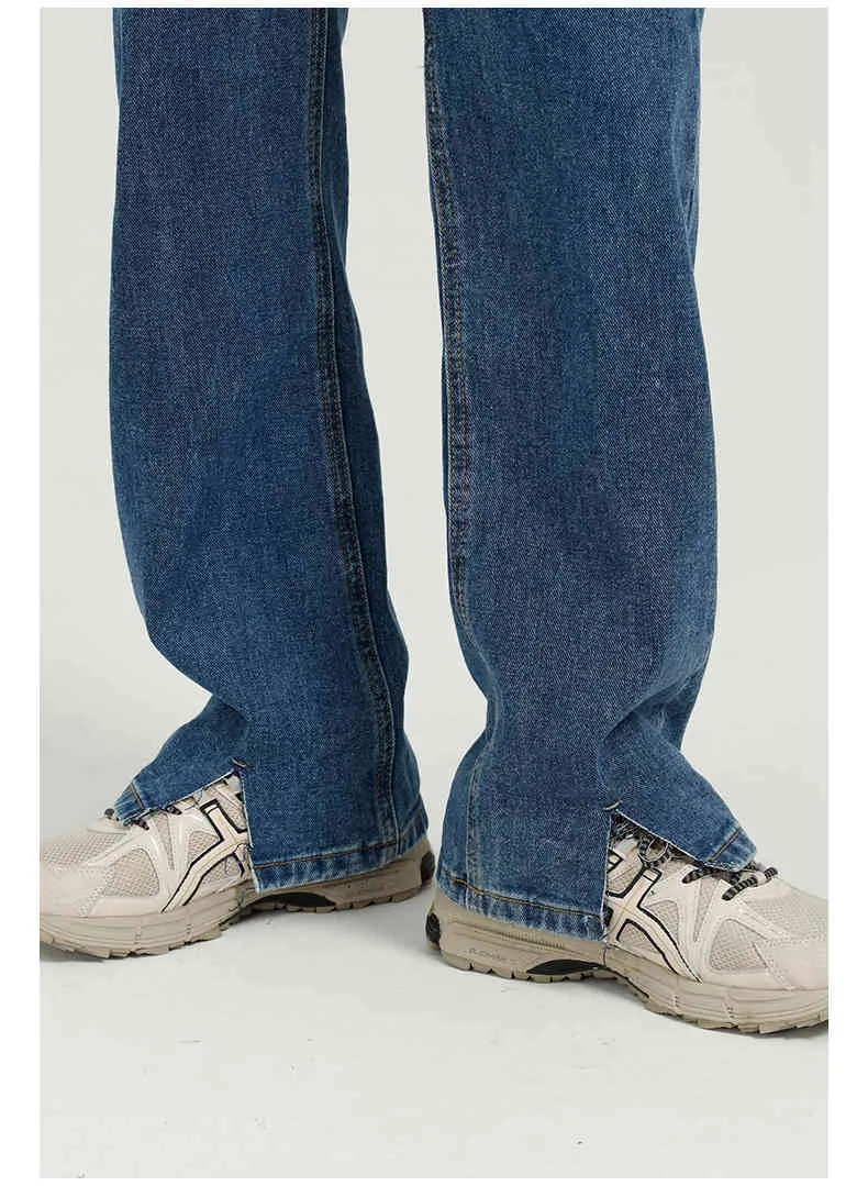 IEFB Men's Wear Korean Trend Straight Lightweight Pants Leg Split Wash Casual Blue Jeans Male Vintage Denim Clothing 210524