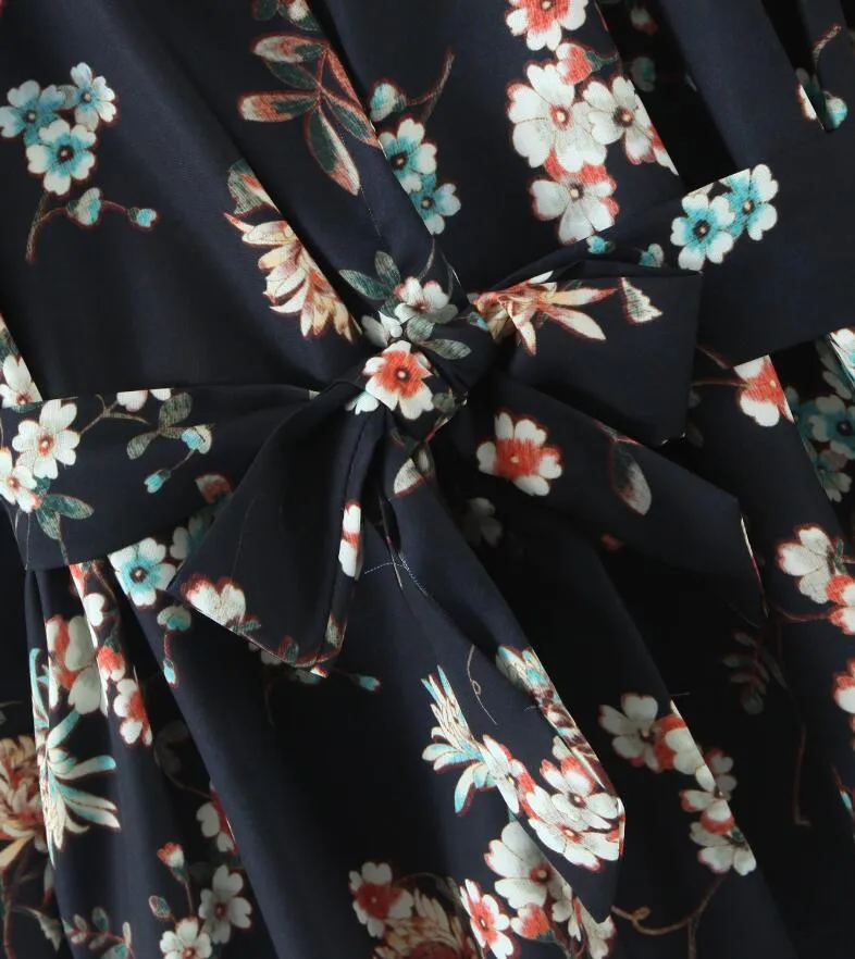 Bohème Femmes Noir Fleur Imprimer Kimono Chemise Vacances Plage Marée Bow Ceintures Mi Long Cardigan En Mousseline De Soie Blouse BOHO Tops 210429