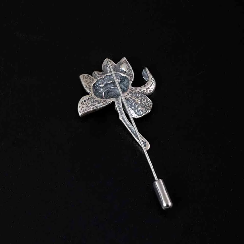 Personalized Antique 925 Sterling Silver Flower Finery Pin green zircon Lotus Men Suit Accessories Wedding Brooch