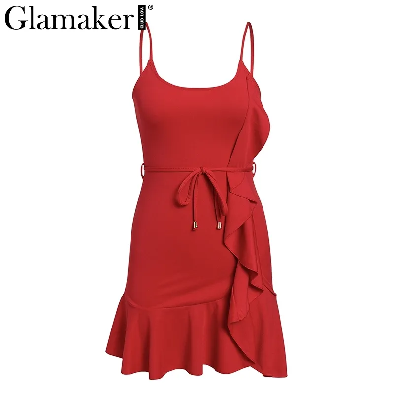 Glamaker Ruffles lace up sexy mini prendisole donna Backless vacanza spiaggia abito corto Party femminile cintura rossa abito estivo Abiti 210412