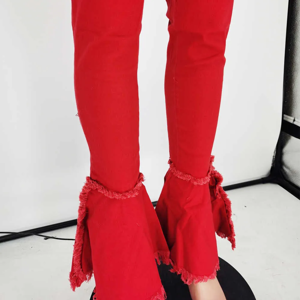 Tsuretobe Zerrissene Jeans für Frauen Hohe Taille Flare Rüschen Patchwork Sexy Bell Bottoms Hosen Vintage Rot 210629
