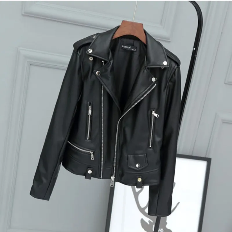 Kvinnor Jacka Höst Moto Style Leather Coat Ladies Långärmad Slå ner Collar Casual Zipper Leather Overcoat Streetwear 210422