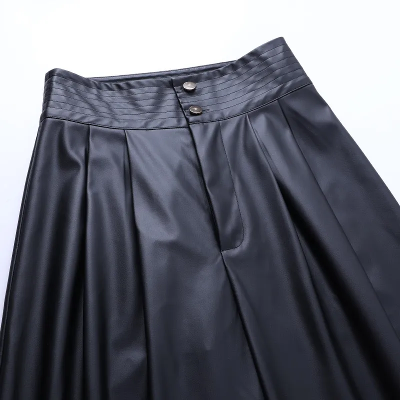 High street pantaloni neri donna autunno tinta unita gamba larga PU pelle sexy vita alta moda donna 210508