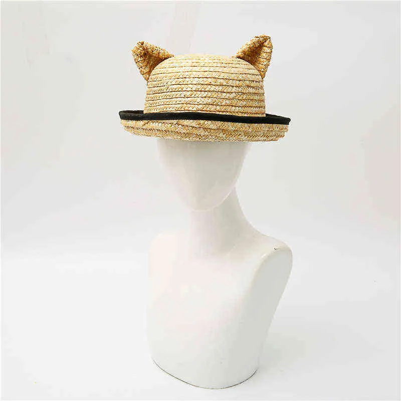 2022 Nuevo Verano Nuevo Orejas de gato Hecho a mano Sombrero de paja natural con arco para mujeres Gorra de playa sólida Niñas Protección UV Sombrero para el sol G220301