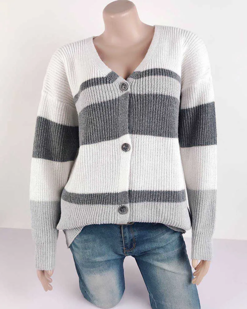 Höst djup v-hals randig tröja kvinnor långärmad knappar knit cardigan sexig damer mode casual lös grå mujer 210604