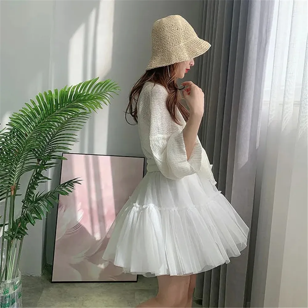 Summer White Pink Vita alta Gonna corta Tutu Donna Casual Pieghettato Cuciture coreane Ruffles Mini For Girls 210421