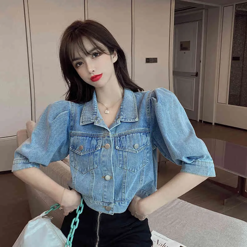 Vintage Mulheres Spruff Sleeve Denim Casacos Coreano Moda Surgindo Coleira Feminina Jaquetas Chic Streetwear Jean Jacket 210518