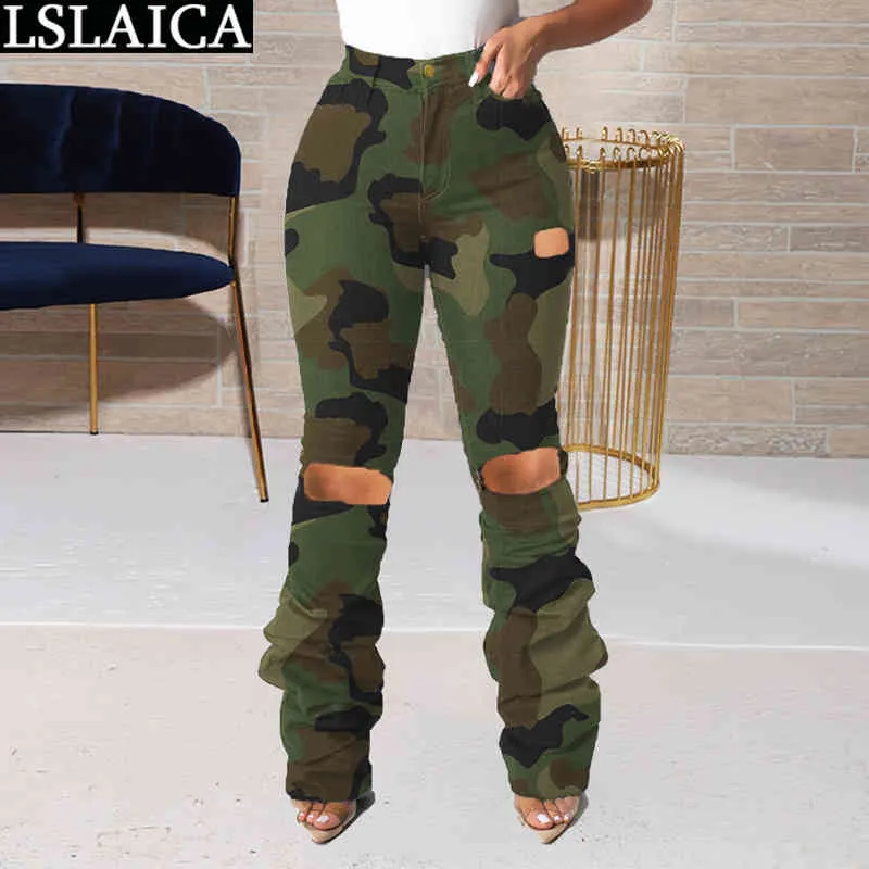 Svettbyxor för kvinnor Camouflage Hole Ruched Byxor Casual Elastic Waist Streetwear Fashion Spodnie Dresowe Damskie 210515