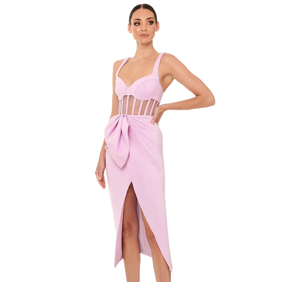 Free Pink Midi Bandage Dress Women Sexy Strap V-neck Sleeveless Hollow Draped Split Celebrity Club Party Vestidos 210524