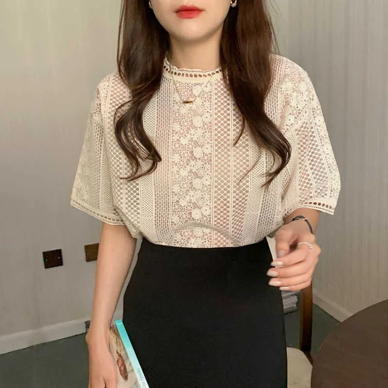 Korejpaa Women Shirt Summer Korean Chic Age-reducing Gentle Stand-Up Collar Lace Crochet Hollow Loose Short-Sleeved Blouses 210526