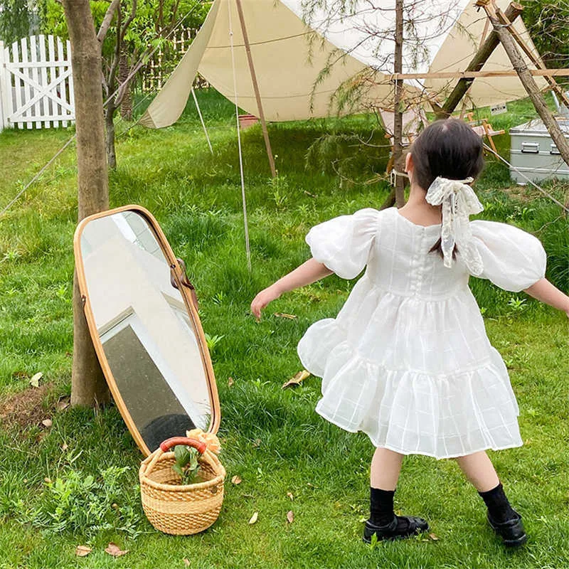 Koreaanse stijl zomer meisjes gaas bladerdeeg mouw prinses jurk kinderen mode casual verjaardagsfeestje jurken 210615