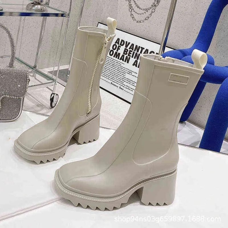 Новые квадратные пальмы дождевые ботинки для женщин, коренастый каблук толстые подошвы сапоги сапоги дизайнер Chelsea сапоги женские резиновые ботинки дождя Y1227
