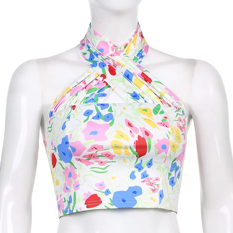 Floral Impresso Sexy Cut out Horter Y2K Crop Tops para Mulheres Moda Verão Sem Mangas Tee Tank Outfit Festa Streetwear 210510