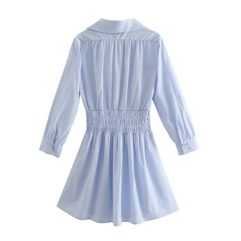 Summer Sky Blue Smocked Elastic Waist Party Dress Women Vintage Slim Out Going Woman Long Sleeve Collar Streetwear 210430