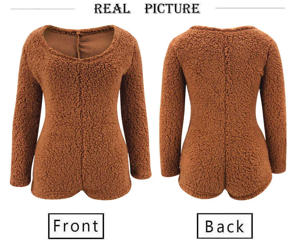 Autumn Winter Teddy Plush Women Playsuits Casual O Neck Long Sleeve Slim Short Jumpsuits Ladies Warm Soft Bodycon Furry Rompers 210526