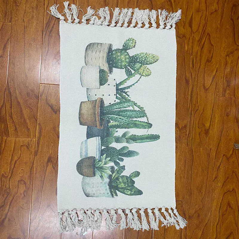 日本のバスルームカーペットInsロングラグ植物サボテンの入り口ドアマットタッセル装飾綿とリネンソファーベッドルームキッチンエリアラグ210928