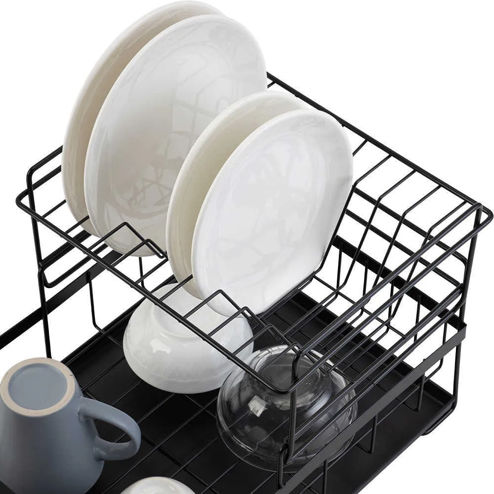 Dish Drying Rack with Drainboard Drainer Kitchen Light Duty Countertop Utensil Organizer Storage for Home Black White 2-Tier 21090220H