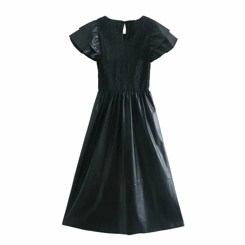 Schwarzes Kunstleder-Midikleid für Damen, Vintage-Stil, O-Ausschnitt, Rüschen, kurze Ärmel, elastisch, gerüscht, ausgestellter Saum, ES 210519