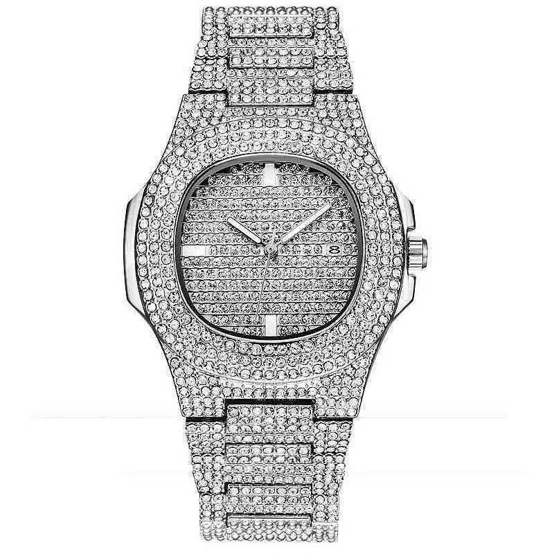 Märke Iced Out Diamond Watch Quartz Gold Hip Hop Quartz armbandsur med Micropave CZ rostfritt stålklocka Relogio250b