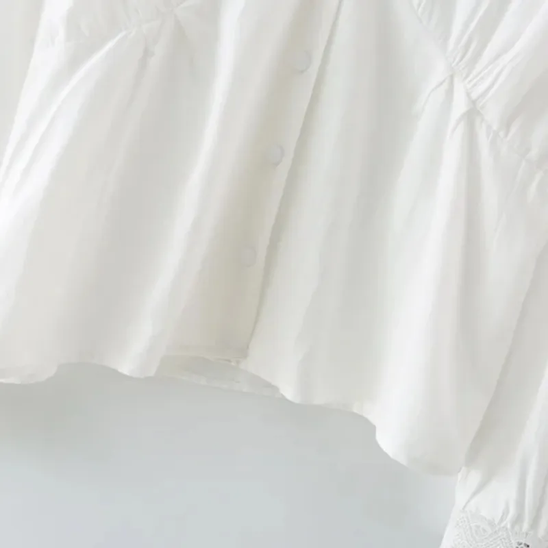 Moda Kobiety V Neck Koronki Łączenie Biała Koszula Kobieta Z Długim Rękawem Bluzka Casual Los Loose Topy Blusas S8762 210430