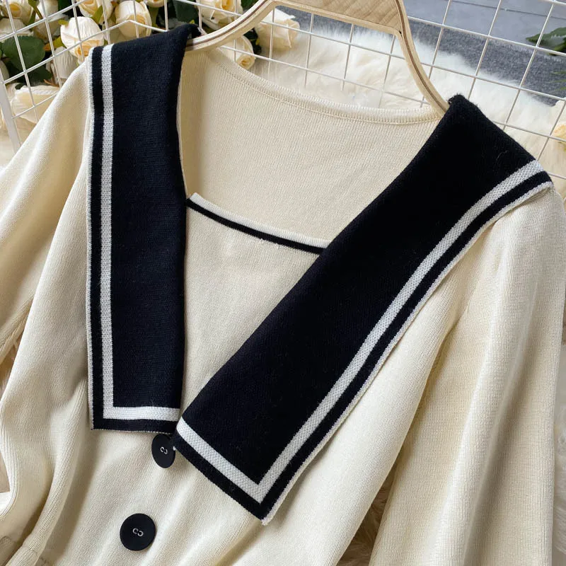 Vestido de estilo de punto Collar de marinero Académico de manga larga Cintura cortada Slim Plisado Temperamento estudiantil Mini PL471 210506