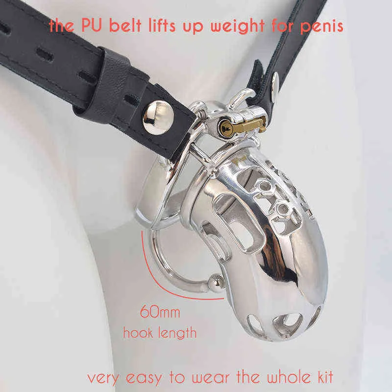 NXY Cockrings FRRK Strapon Chastity Cage con PU Bondage Belt para hombres Metal Anillos de pene masculino Acero Adutls Juguetes sexuales Correa en Cock Lock 1124