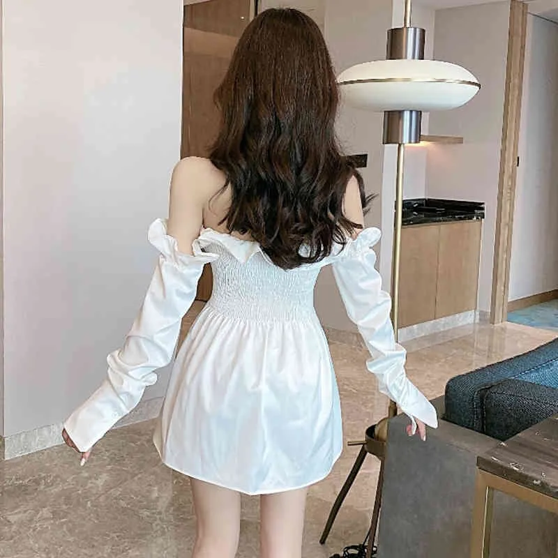 Spring Autumn Women's Blouses Korean Sexy One-shoulder Ruffled Long-sleeved Tops Solid Color Waist Slim Female Shirt GX572 210507