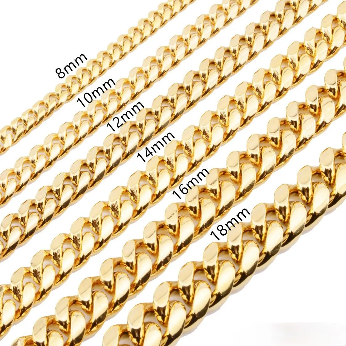 8mm 10mm 12mm 14mm 16mm Halsketten Miami Kubanische Gliederketten Edelstahl Herren 14K Goldketten Hochglanzpoliert Punk Curb238D