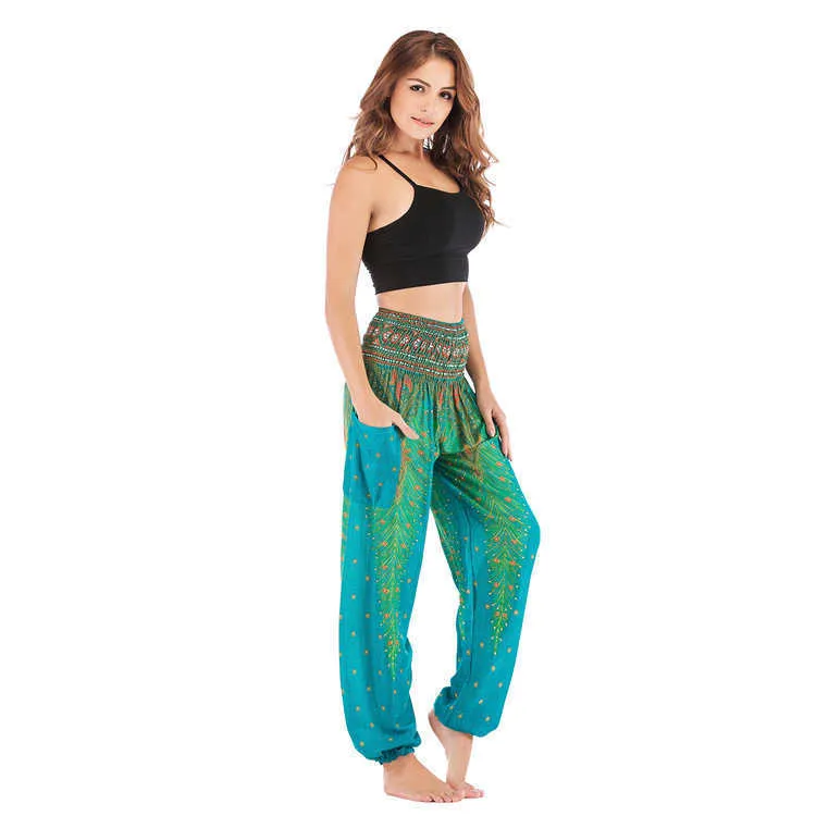 Thailandia Peacock Feather Print Pantaloni a vita alta donna Elastici Pocket Harem Donna Jogger Casual Baggy 210604