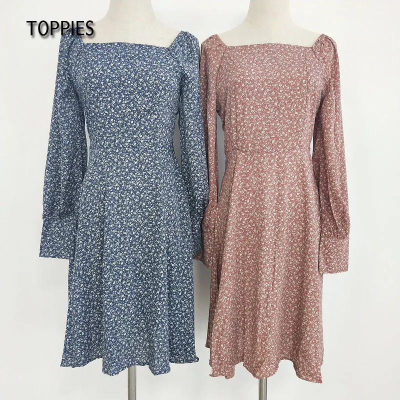 Toppies kvinnor miniklänningar vestidos blommor tryck fransk stil klänning puff långärmad damer sundress 220215