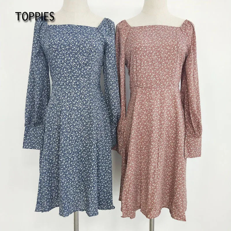 Toppies Women Mini Dresses Vestidos Flowers Print French Style Dress Puff Long Sleeve Ladies Sundress 220215