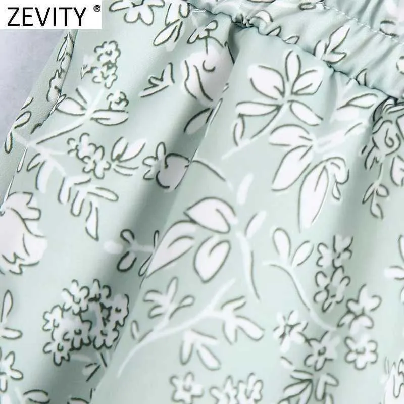 Zevity女性のファッションフローラルプリントソフトサテンハーレムパンツ女性シックな弾性ウエストレースアップカジュアルプリーツ夏のズボンP1126 210603