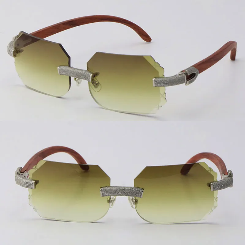 Conjunto de óculos de sol de luxo sem aro micro-pavimentado, óculos de sol de madeira, armação de óculos de madeira masculino e feminino c d234t