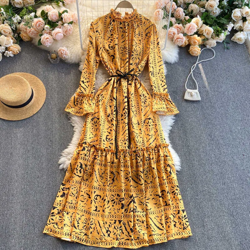 Ly Varey Lin Spring Women Elegant Print Dresses Casual O-Neck Långärmad A-Line Dress Yellow Lady Skirts 210526