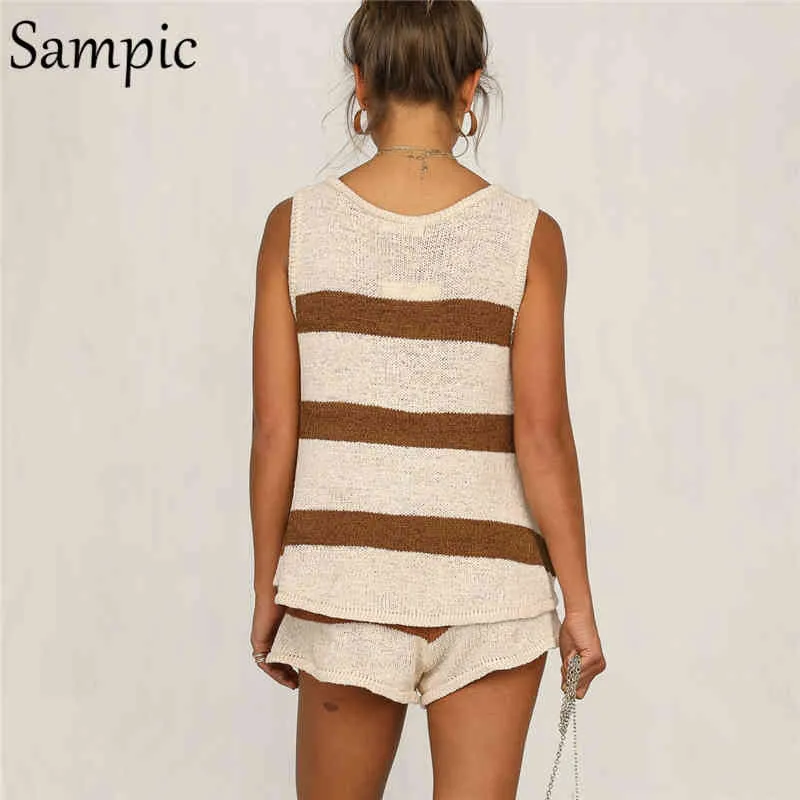 SAMPIC SOMMAR STRIPED STRAND STRAP V HUR TWO PIECT SET COWN TOPP OCH SHORTS Drawstring White Women Set Casual Outfits x0428