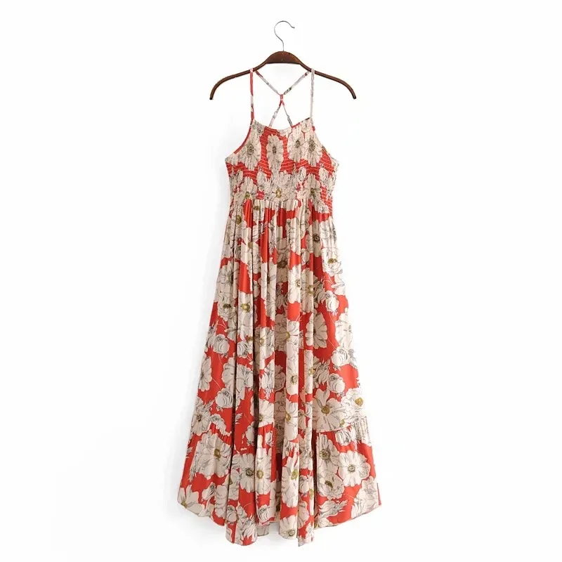 Printemps bohème Floral imprimé dos nu robe vacances femmes taille Empire Spaghetti sangle plage fronde Chic robes 210521