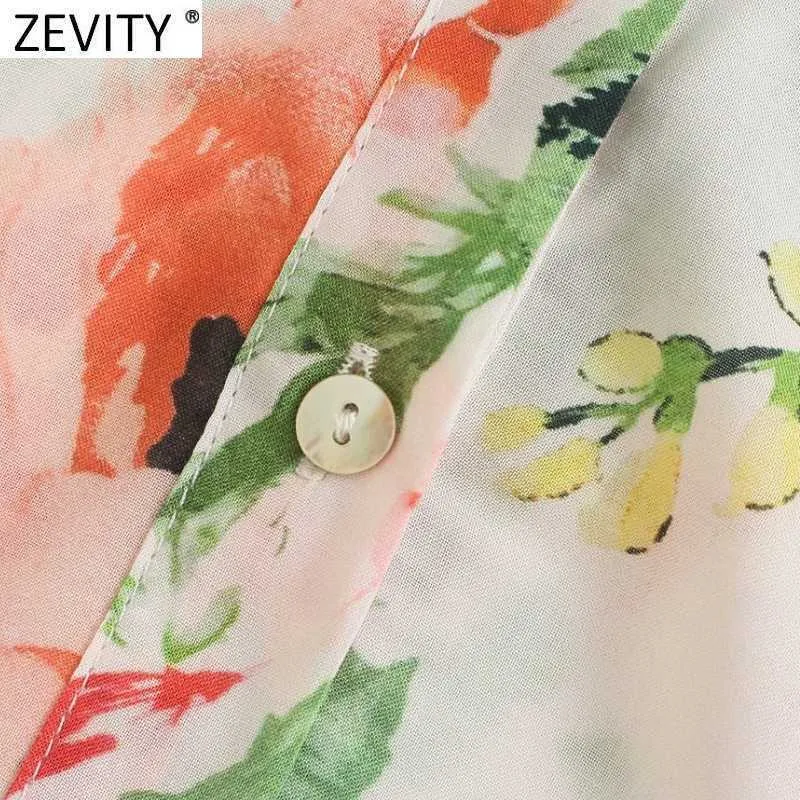 Zevity女性のファッション花柄プリートシングルブレストシャツの女性3四半期袖Midi VestidoシックドレスDS8391 210603