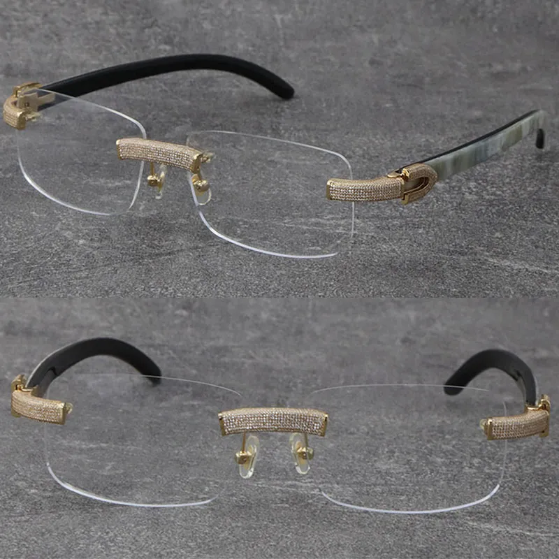 Armações de chifre de búfalo branco mistura preta óculos sem aro micro-pavimentado conjunto de diamantes masculino e feminino armação dourada 18k g292b
