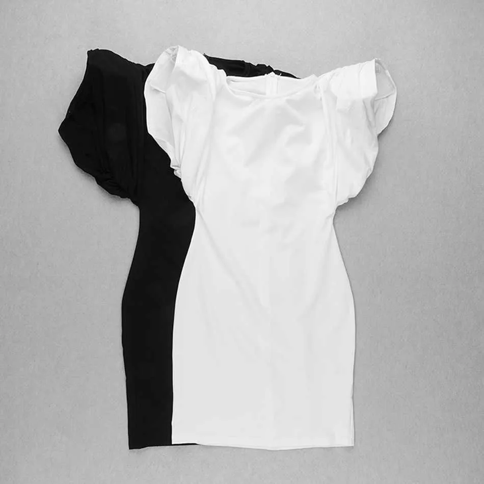 Mode féminine blanc noir robe serrée Sexy col rond à manches courtes drapé Mini célébrité piste fête Vestidos 210527