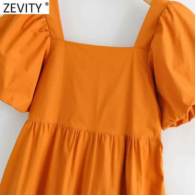 Zevity femmes Vintage col carré manches bouffantes solide Mini robe femme Chic côté fermeture éclair plis rétro Vestidos DS8314 210603
