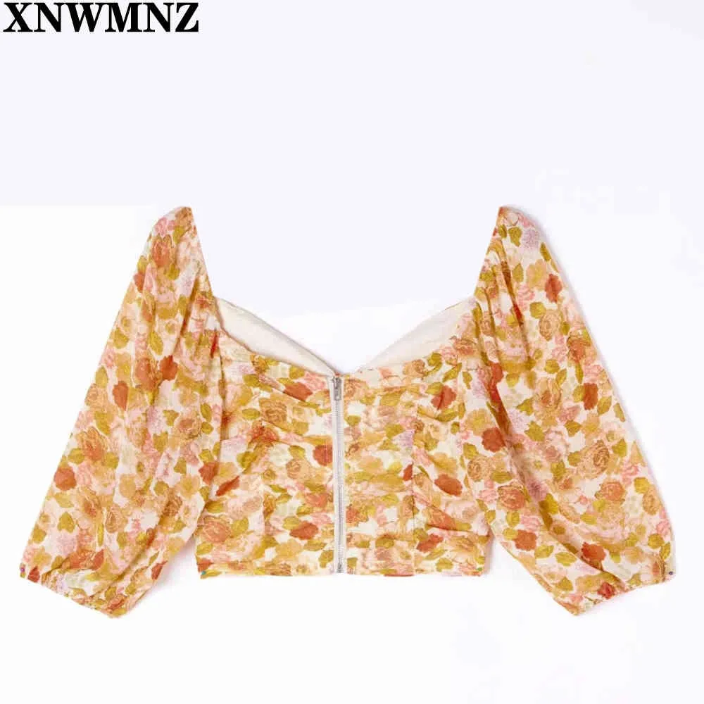 Woman Vintage Orange Floral Print Tshirt Casual Center Bandage Tie Women T-shirt Summer Crop Top Female Clothes Tops 210520