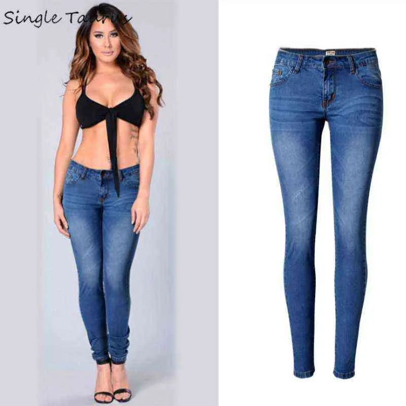 Elasticità a vita bassa Jeans skinny Femme Classic Vintage Bleached Plus Size Push Up Jean Donna Moda Blue Pencil Demin Pants 211129