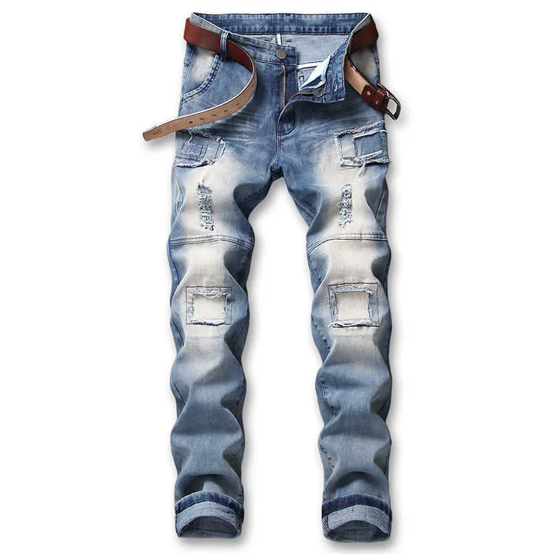 2021 Nova Moda Design Causal Denim Calças Plus Size 42 Homens Skinny Blue Jeans Pantalon Homme X0621