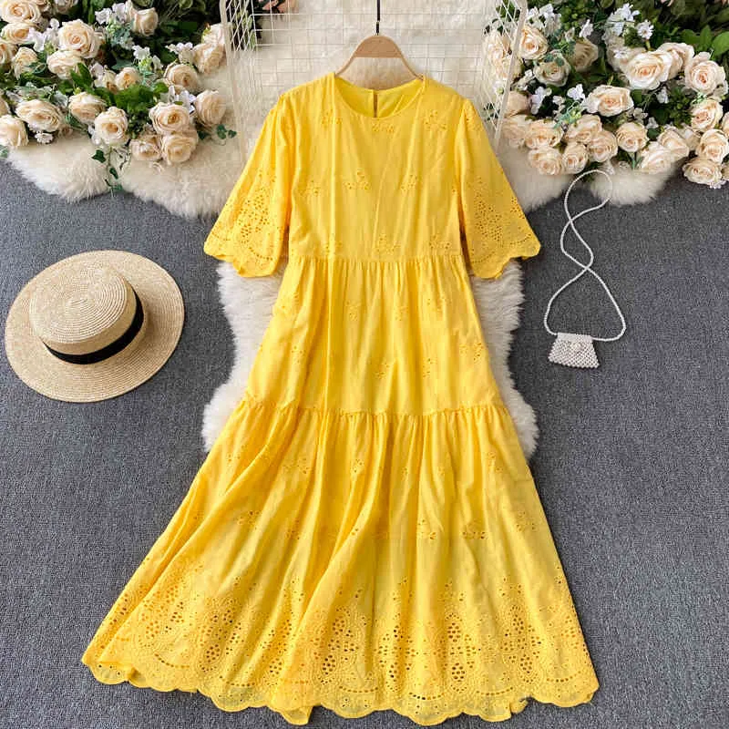 SINGREINY Elegant Solid Hollow Dress Women Korean O Neck Short Sleeve A-line Dresses Summer Casual Loose Streetwear Midi Dress 210419